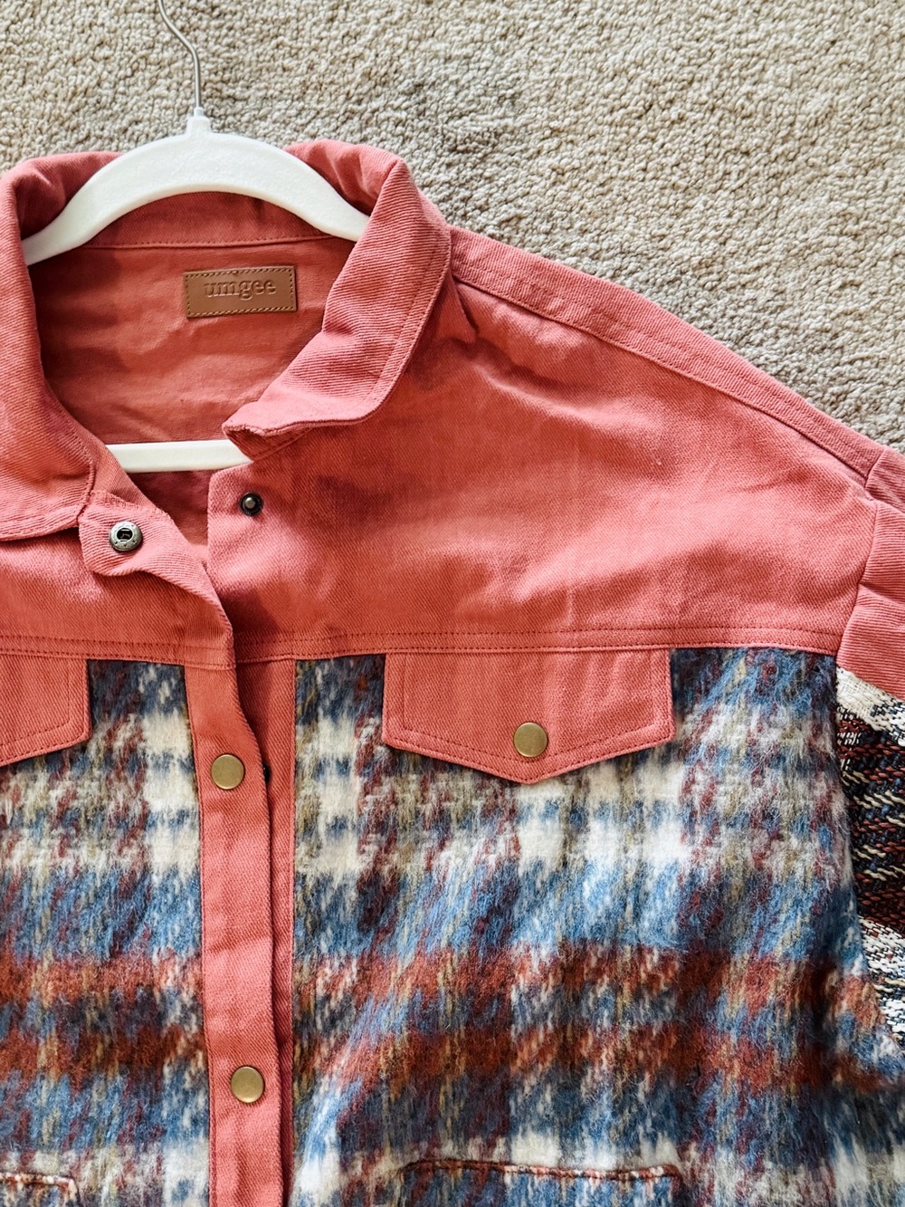 Umgee Plaid Mixed-Media Shacket in Rust - Picture 5 of 7